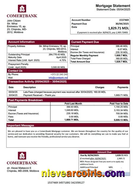 Moldova Comerțbank mortgage statement Word and PDF template